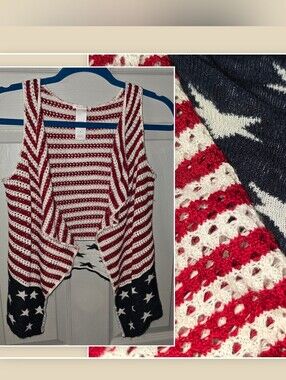 Stars & Stripes Patriotic 4th of July USA Crochet Boho Vest Top Junior's M